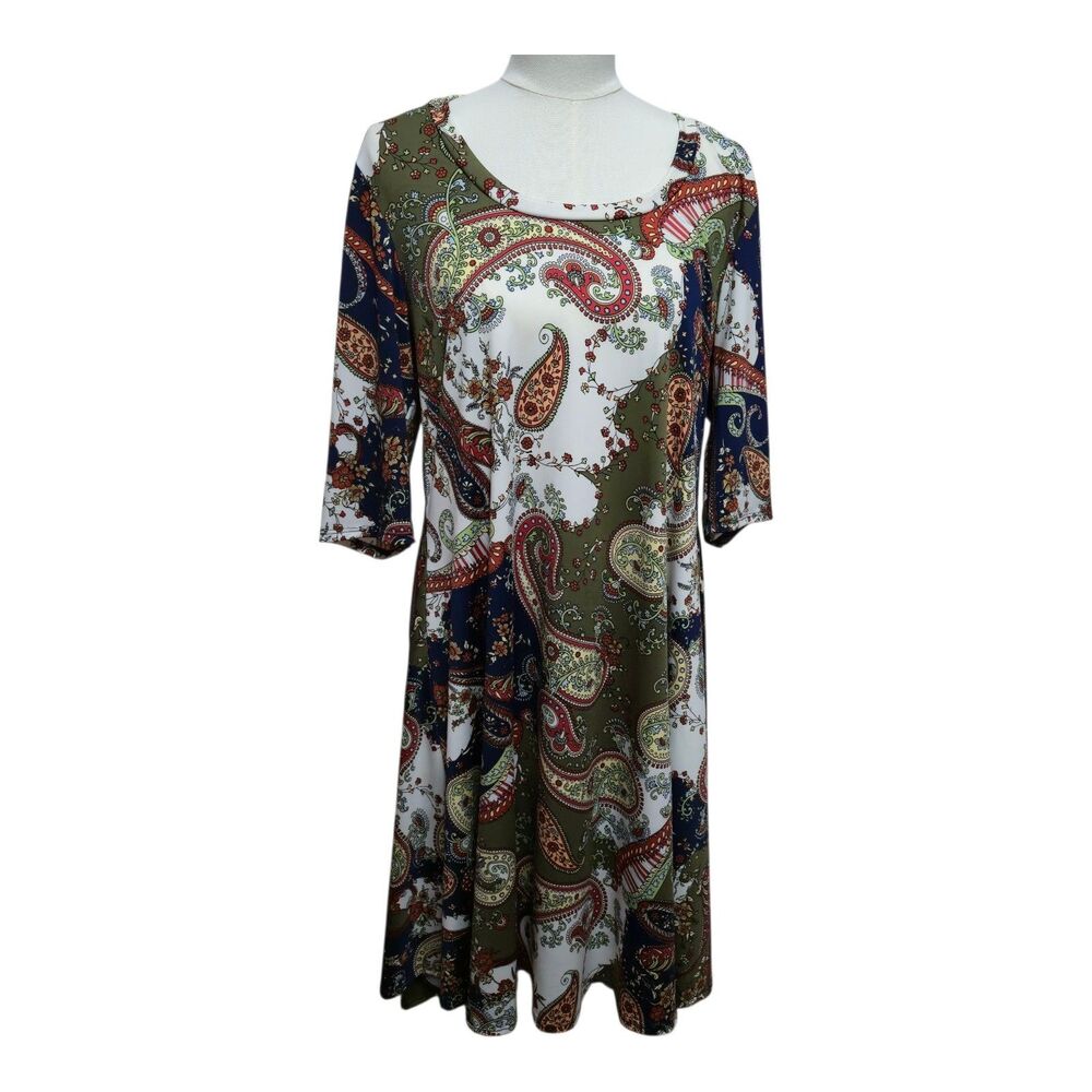24Seven Shift Dress Paisley Print Navy Blue Red Green Yellow Size 2X NEW